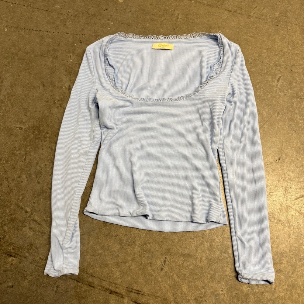 Qinsen Womens Light Blue Ribbed Lace Trim Scoop Neck Long Sleeve Top Size Small